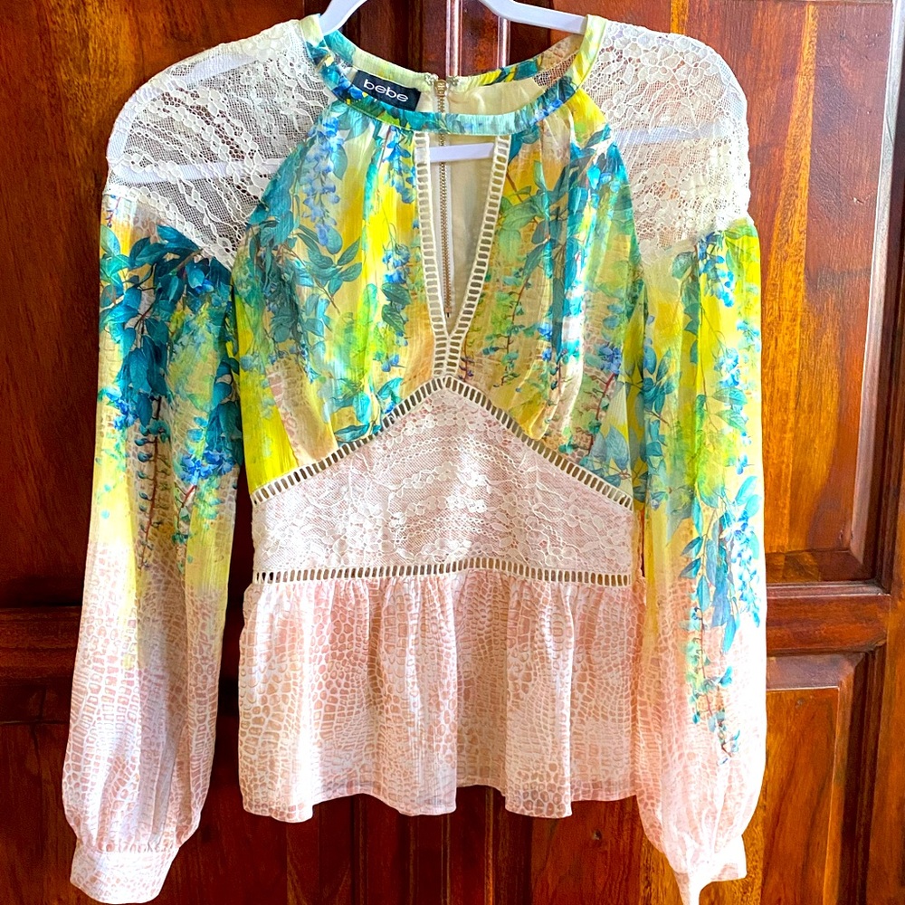 Bohemian Long Sleeve Multi Pattern Blouse. Bebe XS